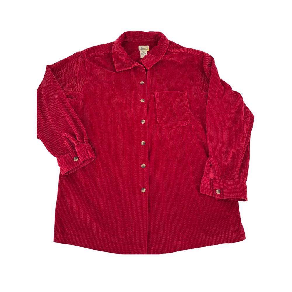 LL Bean Corduroy Shirt Women Large Red Long Sleeve Metal Button Up